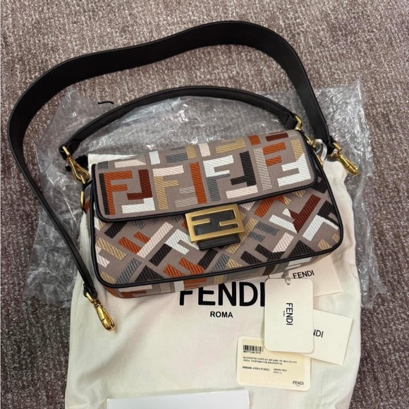 Fend Baguette Black White Brown Orange Canvas Bag 27 with FF Embroidery Ghw